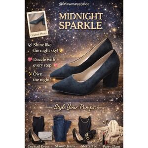 MIDNIGHT SPARKLE Women Black Suede Pointed Toe Block Heel‎ Pumps Shoes Size 10